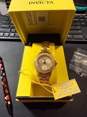 Invicta Gold Bracelet Watch with Crystal-Studded Dial and Blue Hands